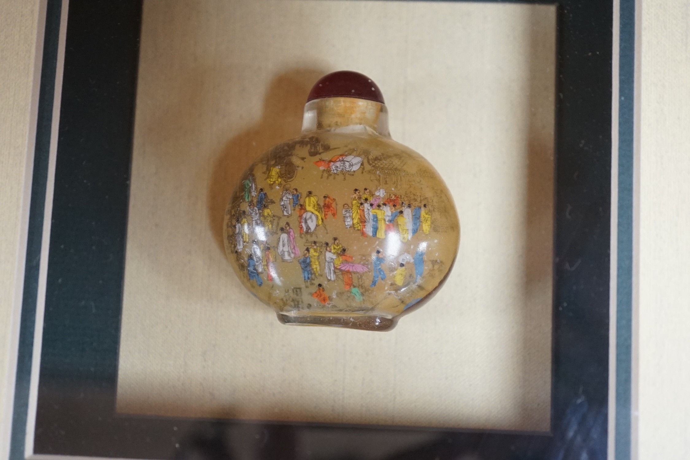 Three framed and mounted Chinese inside-painted snuff bottles and four other items